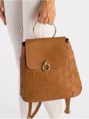 Anna Morellini Leather Woven Tan Backpack with Gold Ring Handle VGUC